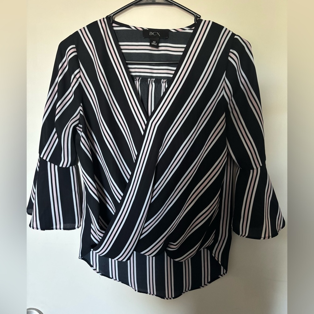 BCX Black and White Wrap Blouse with 3/4 Sleeves